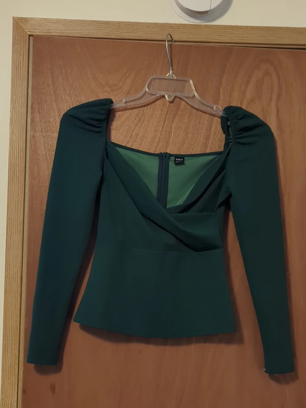 SHEIN Dark Green Long Sleeve Puff Shoulder Top